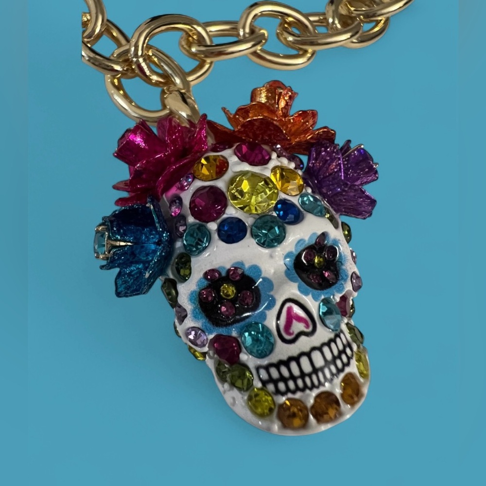 Betsey Johnson Gold Skull Pendant Necklace with Multicolor Accents - Picture 2 of 16